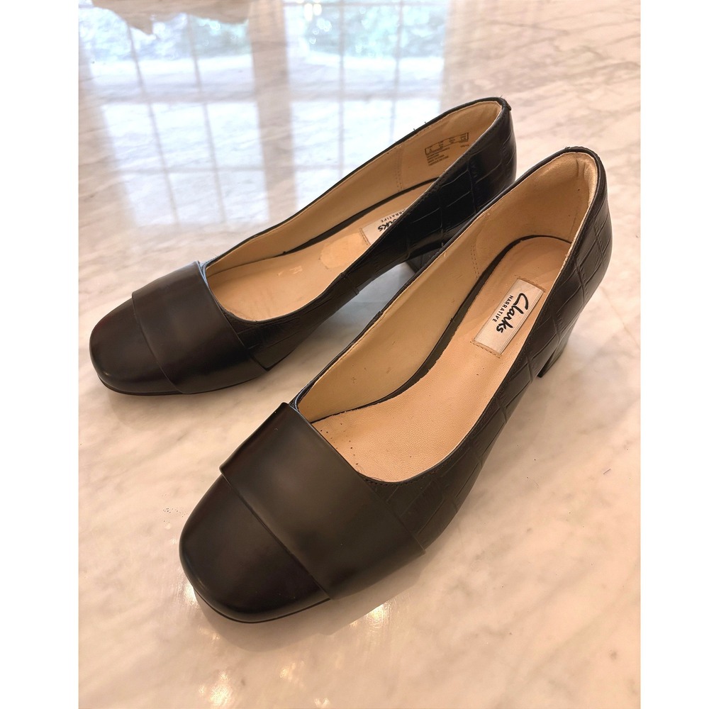 Clarks Narrative Black Croc Embossed Leather Block Heel Pumps Career 8.5M EU39